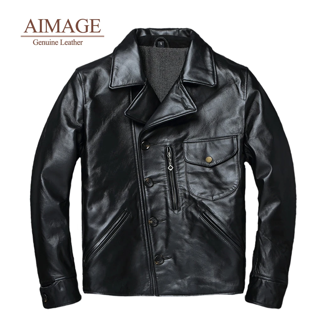 

Мужское кожаное пальто в стиле ретро, классическое пальто из натуральной воловьей кожи, косуха с карманами, 4xl, casaco motard, homem PY234