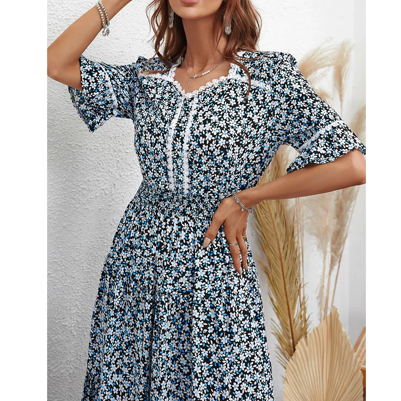 

YEMOGGY Elegant Floral Print Dress For Women Dresses 2022 New Lace V-Neck High Waist Short Flared Sleeves Fashion Midi Dresses