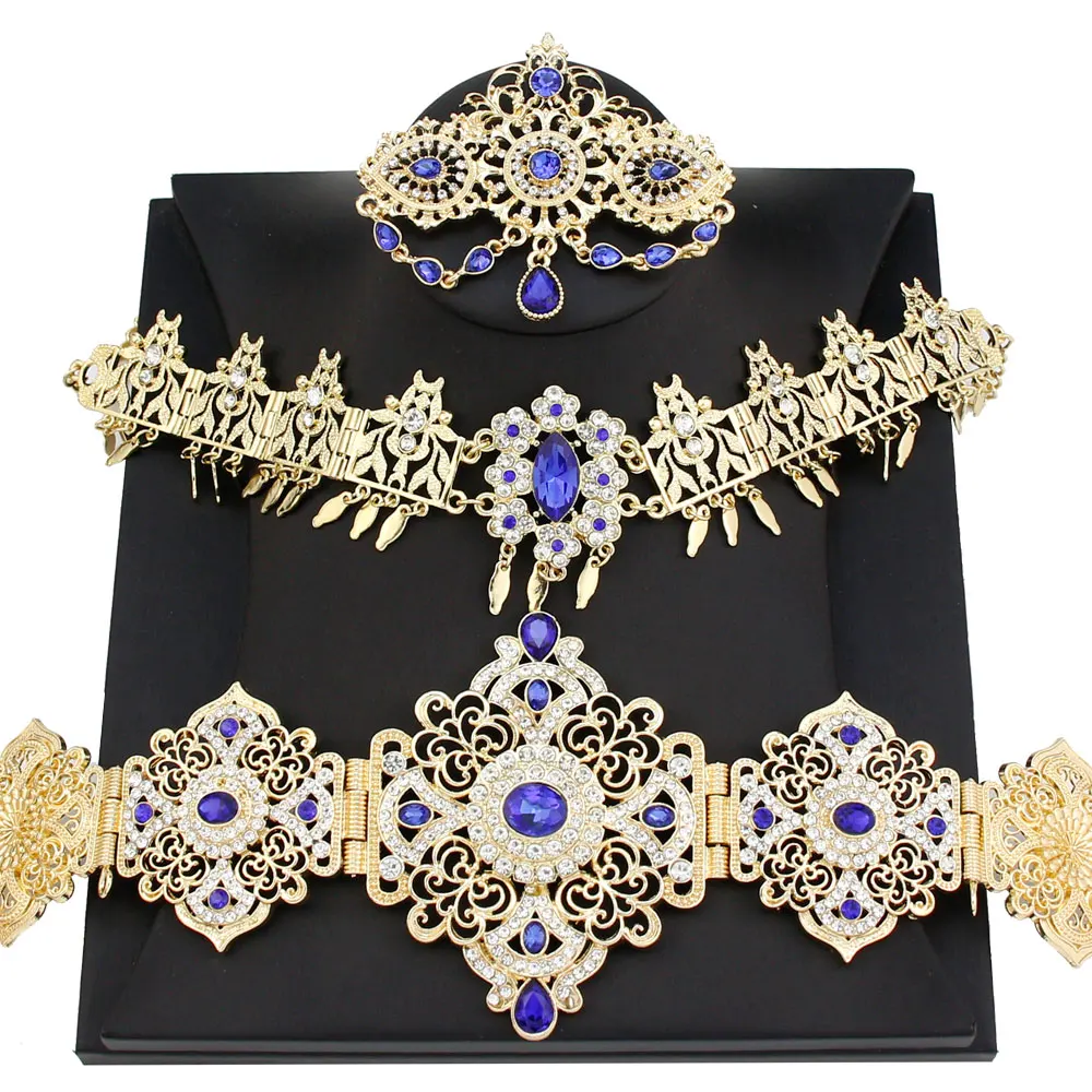 

Sunspicems Gold Color Caftan Belt Forehead Chain Hairband Brooch Morocco Women Jewelry Sets Algeria Bride Dress Waist Belt Chain