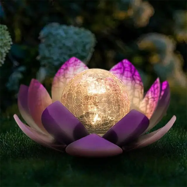 Solar Crackle Glass Globe Lights LED Lotus Flower Decor Solar Garden Light IP44 Waterproof Metal Flower Outdoor Landscape Lights 5
