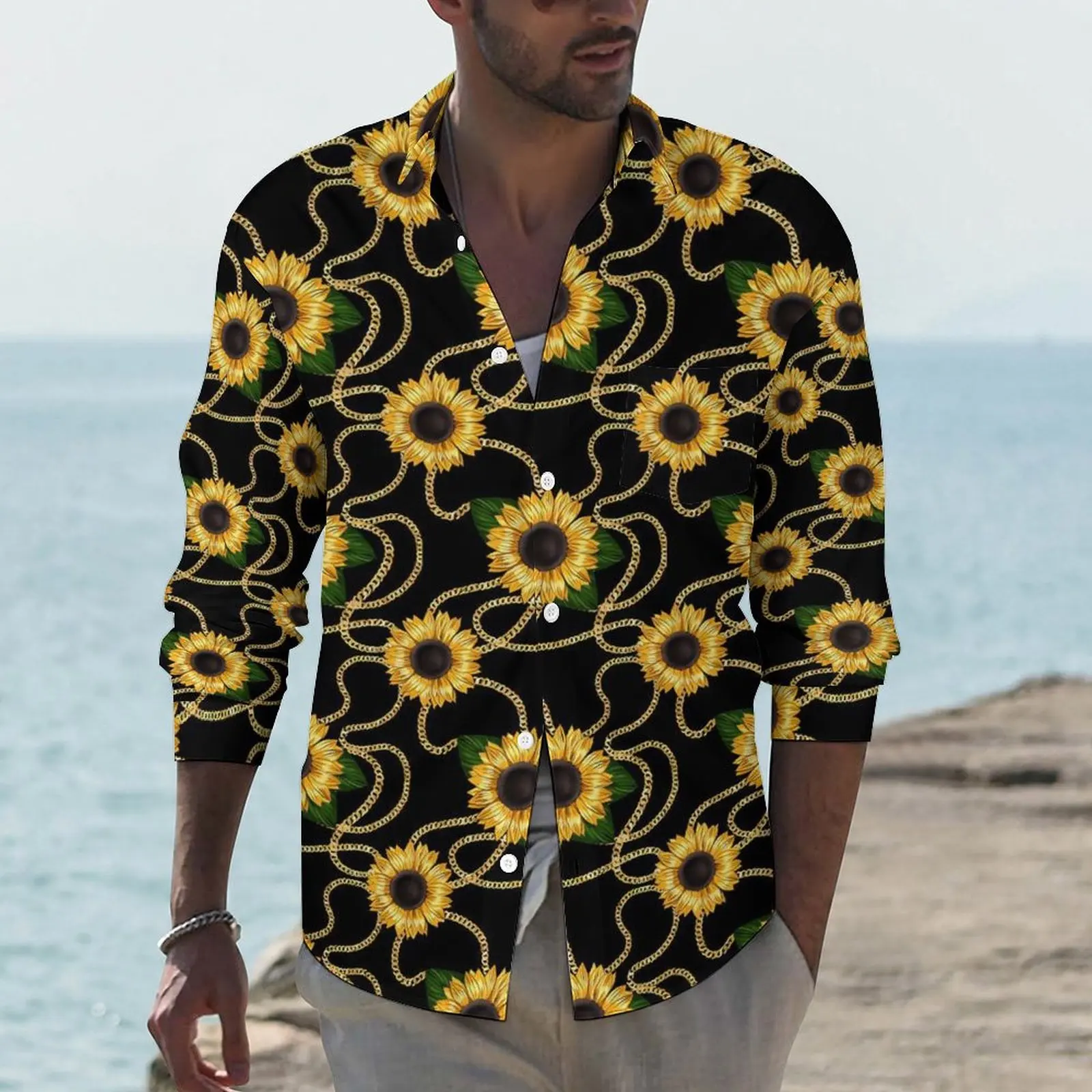 

Sunflower Stylish Streetwear Casual Shirt Men Gold Chain Print Shirt Autumn Fashion Blouses Long Sleeve Graphic Oversized Top