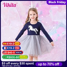 VIKITA Girls Unicorn Dress Girl Autumn Long Sleeve Dark Gauze Skirt Dresses Kids School Princess Children Clothes 3-8 Years