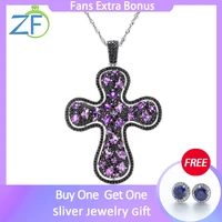 gz zongfa real 925 sterling silver chain necklace for women 2022 natural amethyst 3ct crystal cross pendant luxury fine jewelry