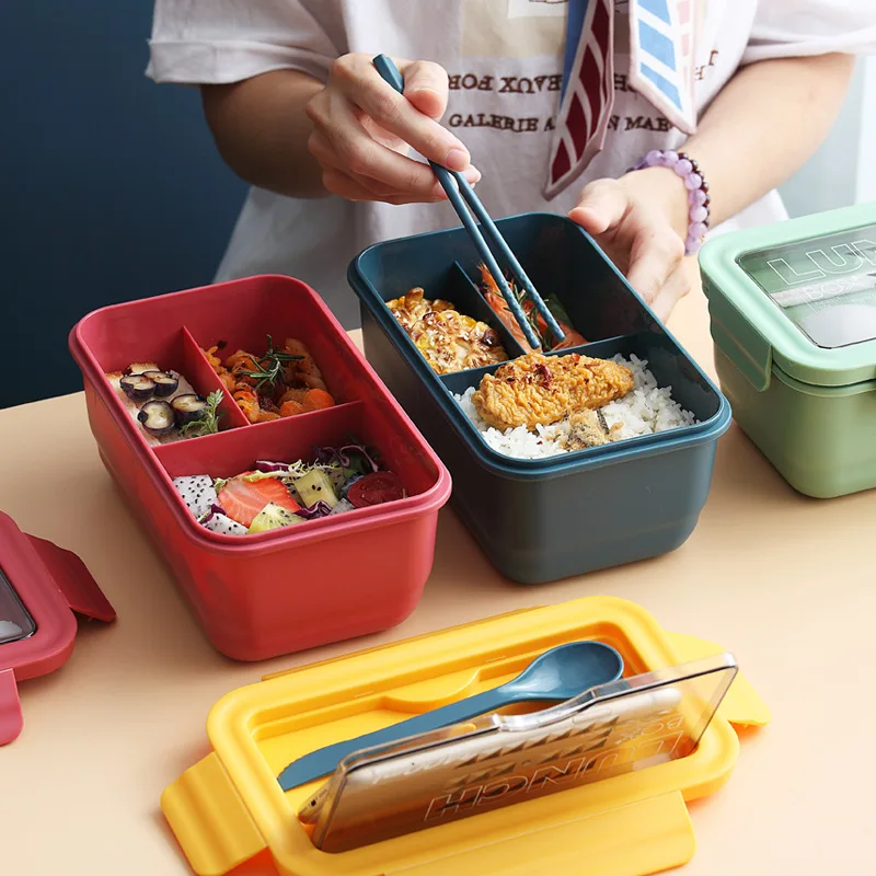 

1400ML Portable Plastic Lunch Box Bento Case Chopsticks Spoons Microwae Heating Leak-Proof Food Storage Container Tableware