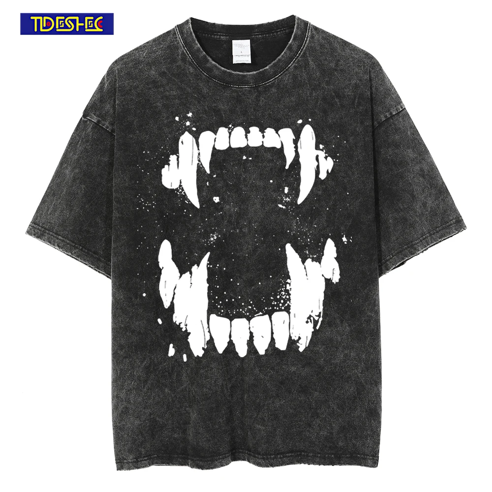

HipHop T Shirt Streetwear Men Retro T Shirt Huge Tusks Printed Tshirt Cotton Men Oversize Washed Tees Harajuku Men Vintage Tops