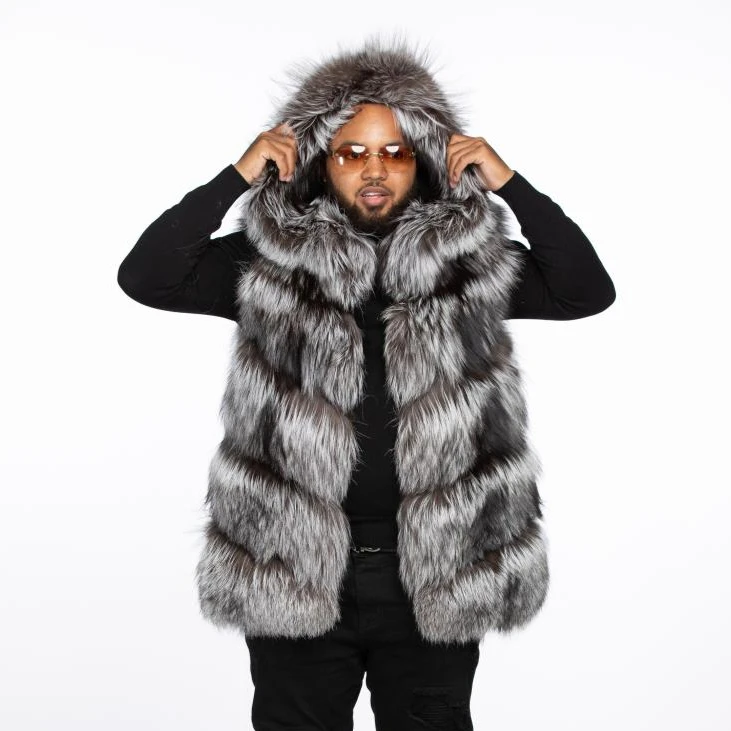 Роскошный мужской жилет из натурального серебряного лисьего меха зимнее