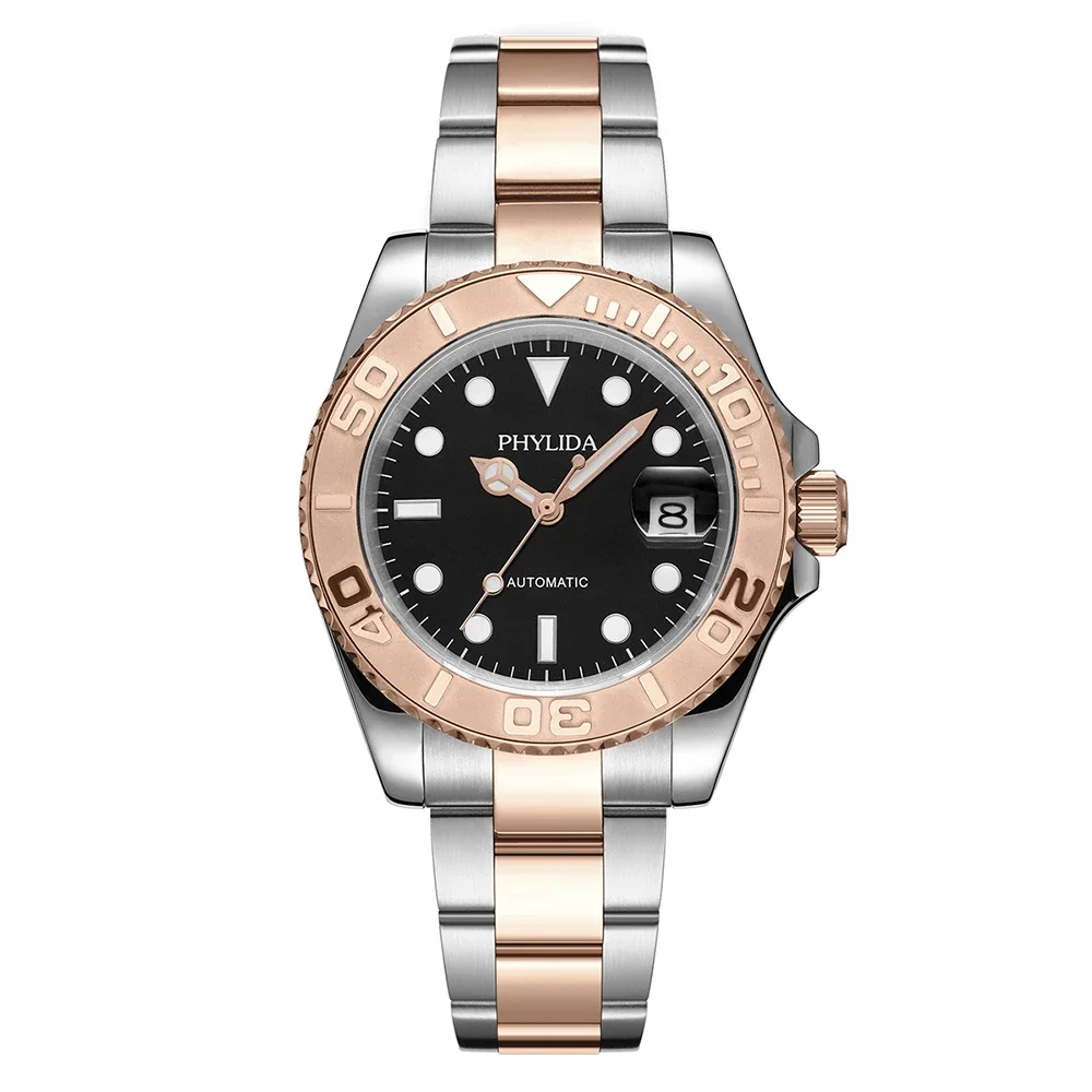 

NEW PHYLIDA 40mm Men's Yacht Style Watch Rose Gold MIYOTA Automatic Mov't Sapphire Crystal Ceramic Bezel Insert 100m WR