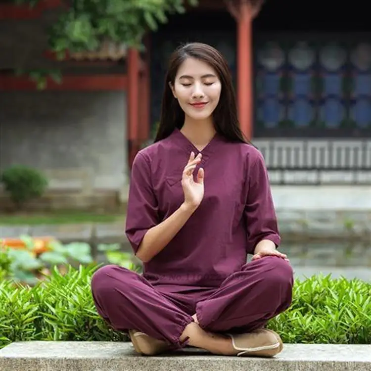2023 women chinese style zen tea yoga tang suit elegant hanfu cotton linen qipao tops loose pants lady oriental clothing set