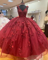 sevintage red ball gown quinceanera dresses 15 party formal 3d flowers lace applique beading crystal princess birthday gowns