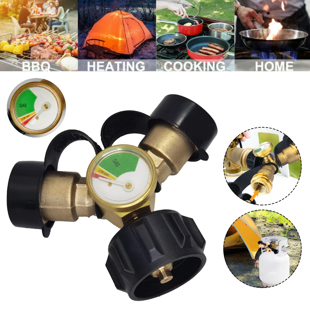 

Propane Tank Y Splitter Adapter With Gauge 2 Way LP Gas Tee Connector For RV Camping Stoves BBQ Grills