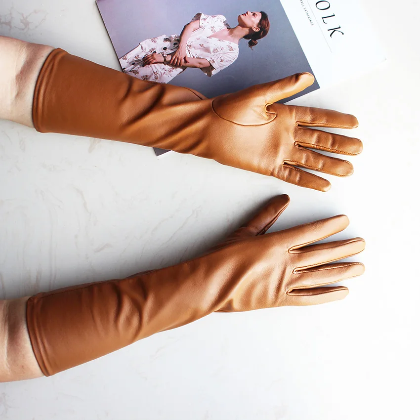 Длинные перчатки из овечьей кожи женские хроматической для сенсорных экранов