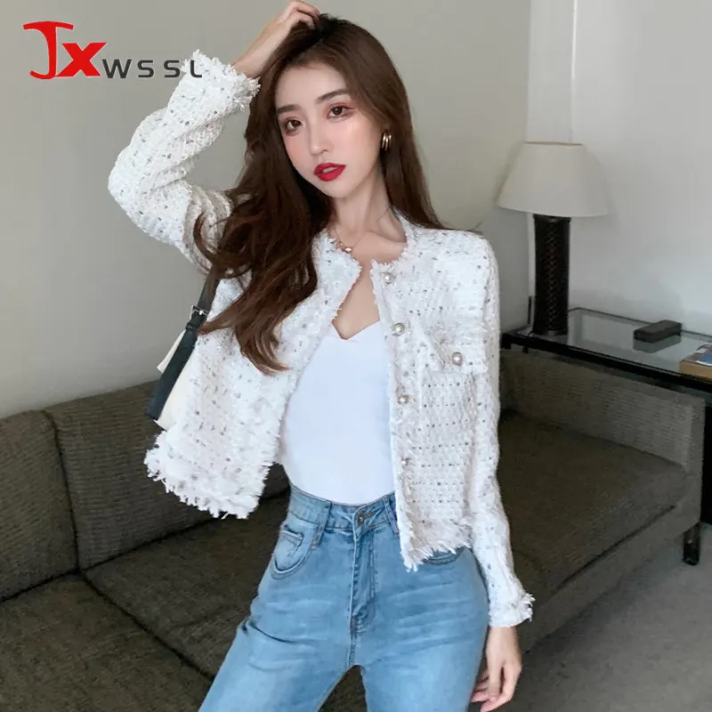 

Женская твидовая куртка, короткая однобортная куртка с длинным рукавом и бахромой, весна 2023