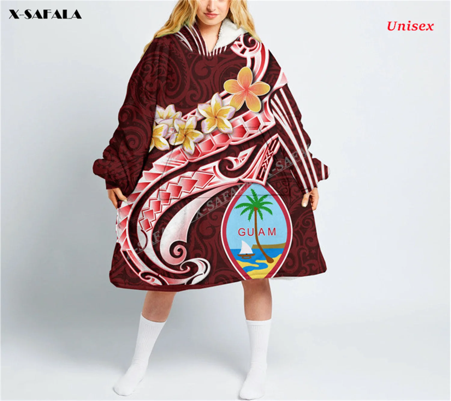 Guam Seal Polynesian Plumeria 3D Print Winter Oversized Hooded Wearable Blanket Robes Flannel Pocket Men Female Sleepwear