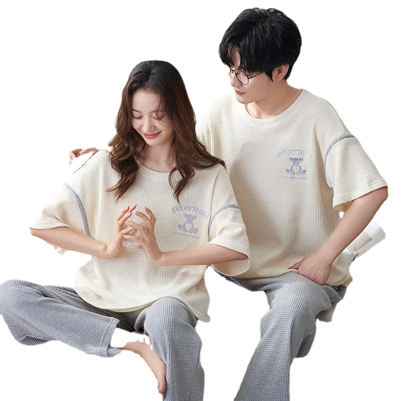 Pajamas Couple Summer Pure Cotton Thin Shortsleeved Trousers Simple and Casual Home Suit with Round Neck Comfortable Leisurewear