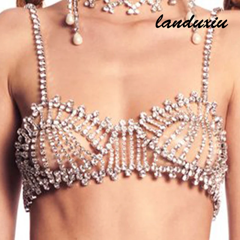 

Personality Chest Jewelry Crystal Underwear Charm for Women Shining Bodies Lingerie Rave Bikini Bra Chain Harness landuxiu