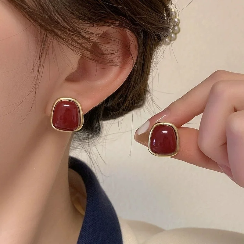 Винтажные эмалированные винно-красные серьги-гвоздики для женщин