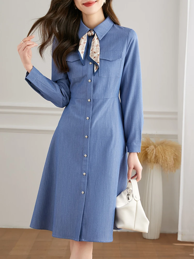 Vimly Elegant Shirt Dress for Women Spring 2023 Fashion Slim Long Sleeve Blue Dresses with Scarves Office Lady Outfits V7776