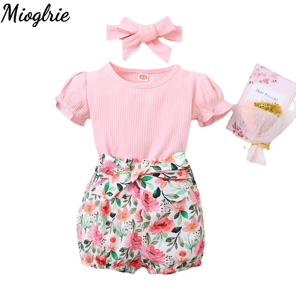 

3-24M Newborn Baby Girl Clothes Toddler Baby Girl Set Short Sleeve Bodysuit+Shorts +Headband 3 Pcs Baby Girl Outfit Jumpsuits