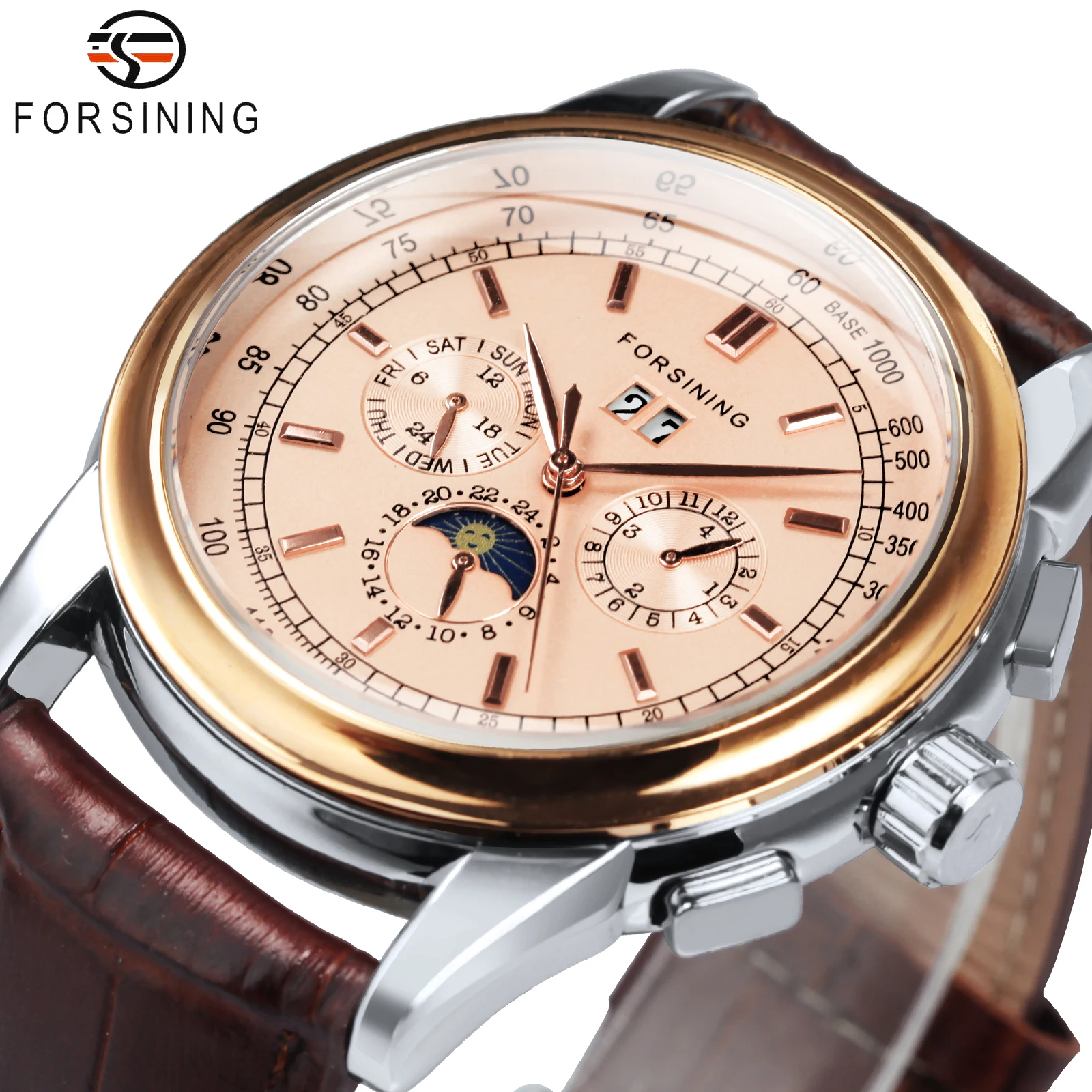 

Forsining Luxury Vintage Automatic Watch for Men Classic Rose Gold Moon Phase Calendar Dial Mechanical Watches Genuine Leather