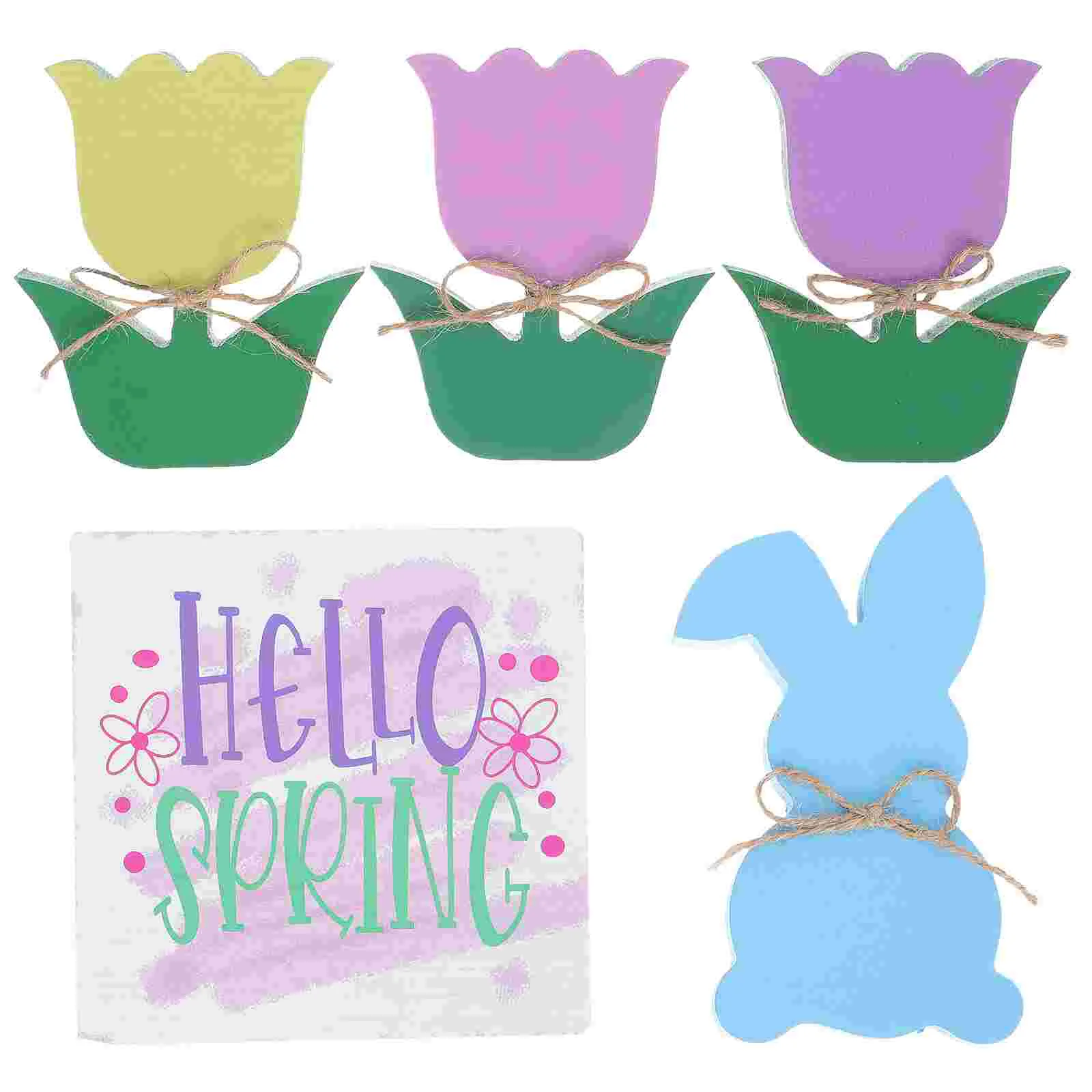 

5Pcs Wooden Blocks Lovely Rabbit Adornment Tulip Desktop Decoration Home Ornament