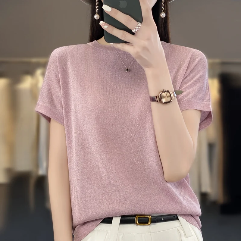 

Women's Summer New Gold Silver Shiny Silk Round Neck Knitted Short Sleeve Thin Loose Women's T-Shirt Unique Fresh Breathable Top