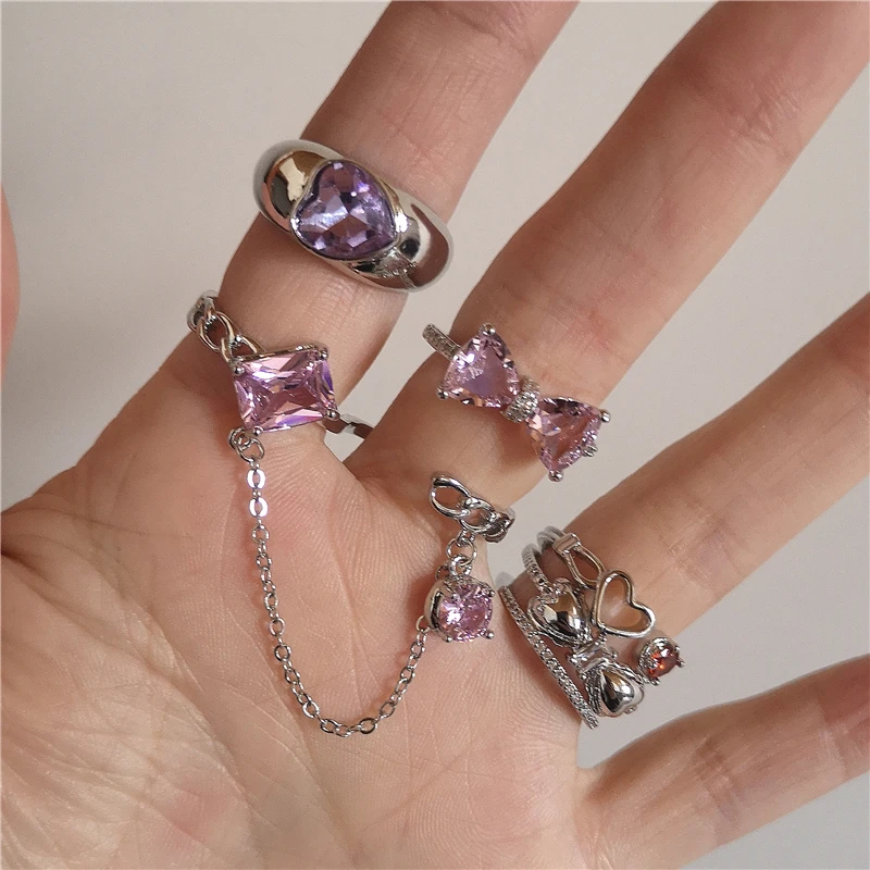 

Trendy Shiny Pink Crystal Zircon Geometric Irregular Heart Bowknot Open Ring For Women Creative Vintage Wedding Y2K Jewely