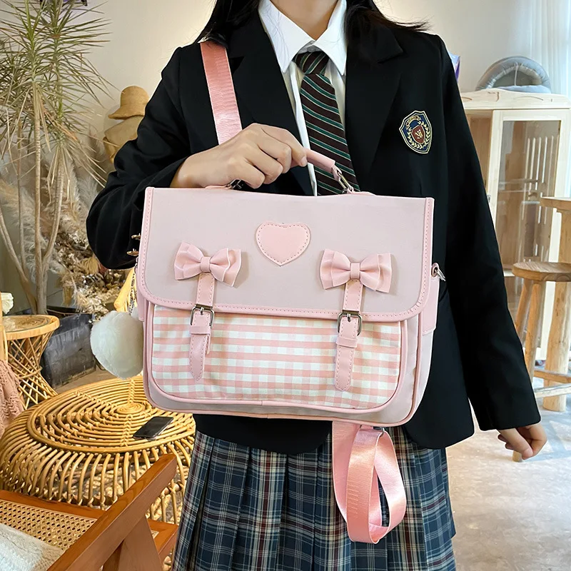 

2022 New Jk Girl Japanese Lolita Style Bow Messenger Bag Lattice Shoulder Bag Large Capacity Backpack