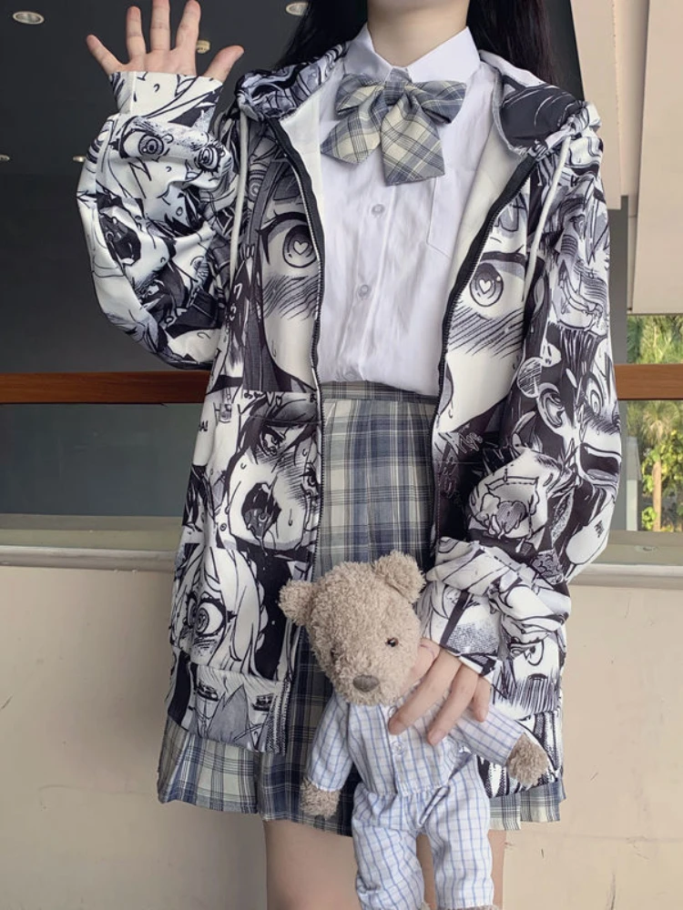 

Deeptown Japan Style Anime Print Hoodies Women Harajuku Kawaii Oversize Zip Up Sweatshirts Preppy Casual Long Sleeve Tops Jacket