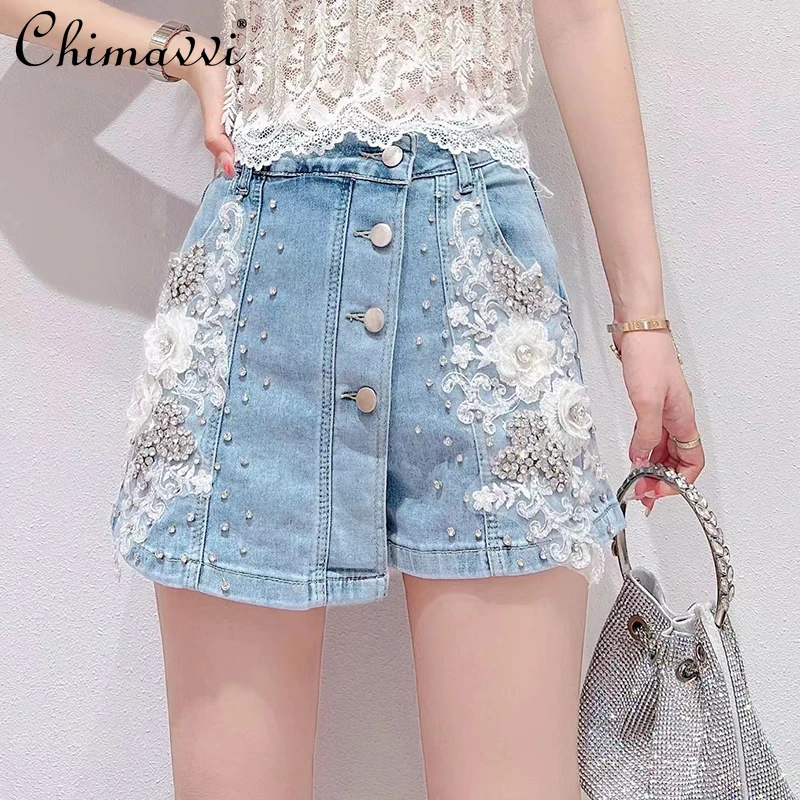 

Denim Shorts for Women 2022 Summer New Korean Sweet Heavy Beads Three-Dimensional Flower High Waist Slimming Wide Leg Pants