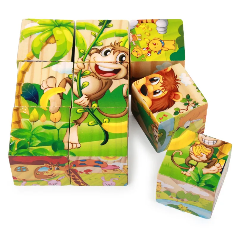 

9pcs/set Cartoon 6 Sides Painting 3d Cube Puzzle Wooden Jigsaw Animal Fruit Traffic Early Education Learning Toys For Children