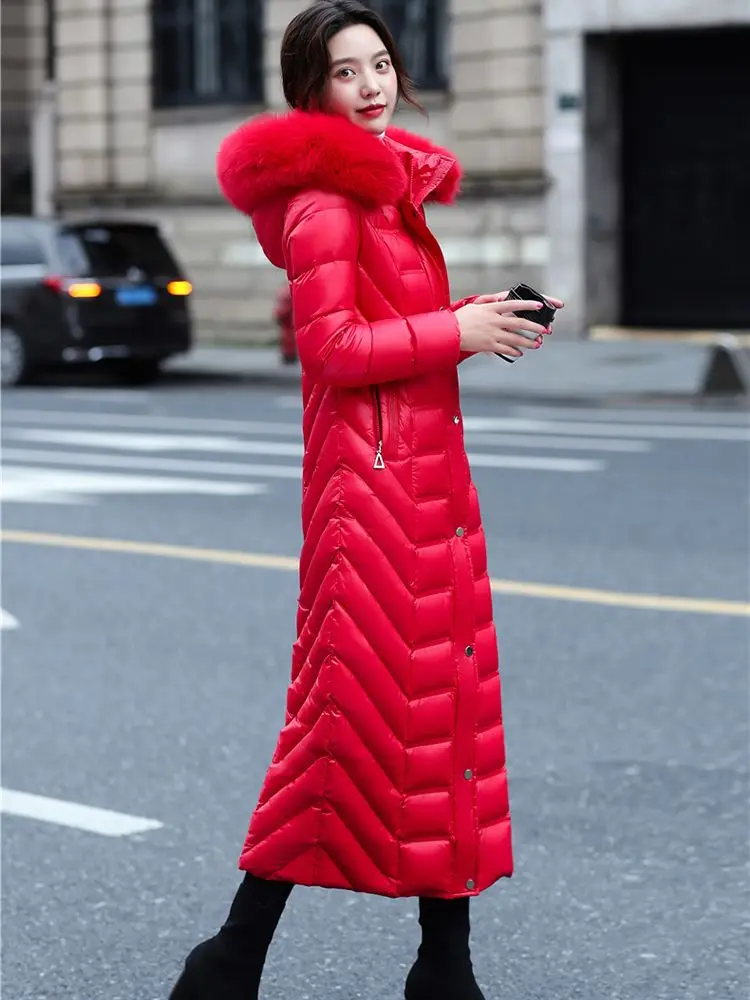 New Women Wash Free Glossy Surface Down Coat Winter Fashion Hooded Genuine Fox Fur Collar Thicken Warm Down Jacket Ankle-Length