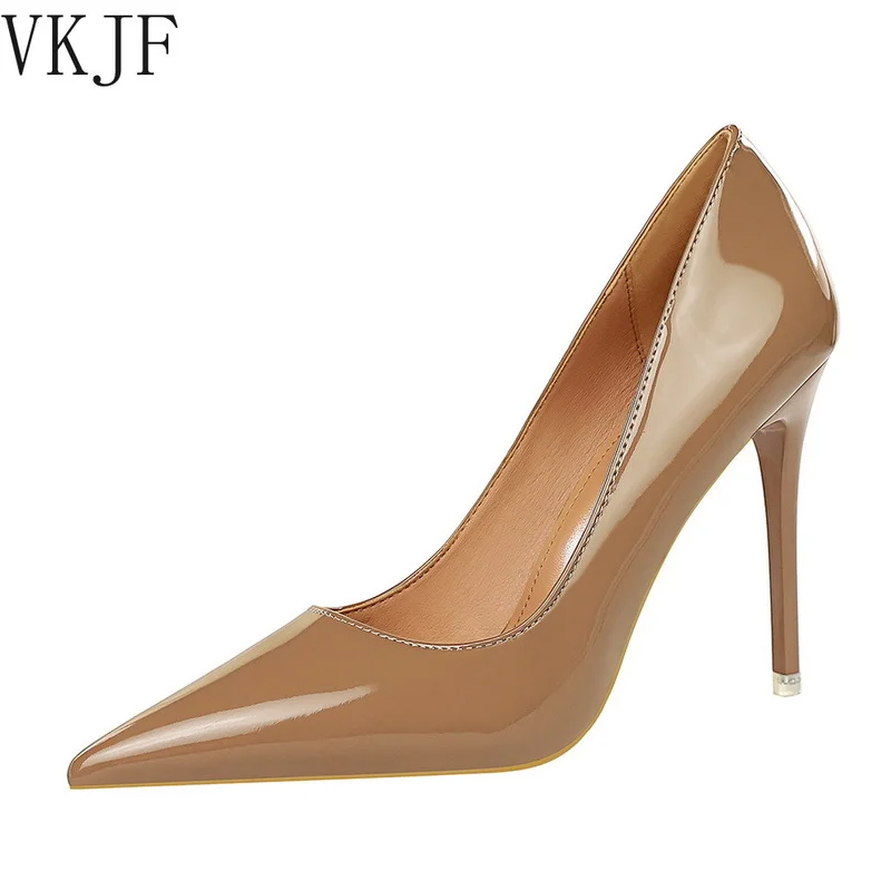 

Туфли женские из натуральной кожи с острым носком, модные классические туфли-лодочки на высоком каблуке, блестящие красные, черные