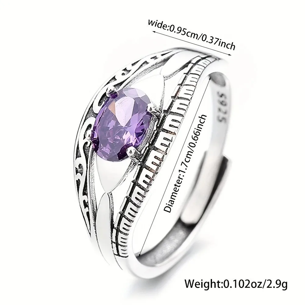 Фото [Медный] Элегантный фиолетовый драгоценный камень — комплект кольца со сложным узором, стильный и универсальный аксессуар №2