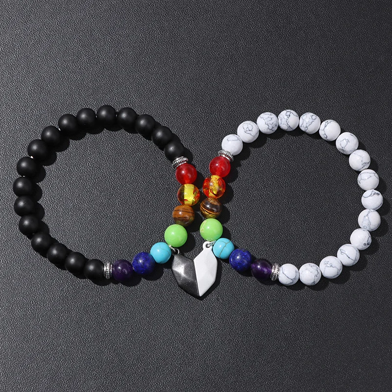 

2pcs/set Magnet Bracelet Couple Bracelet 7 Chakra Natural Stone Heart Pendant Charm Bracelets for Women Men Lovers Jewelry Gift
