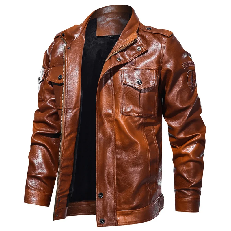 

Men's Autumn and Winter Long-sleeved Solid Color Leather Jacket Large Size M-5XLpu Lapel Multi-pocket New Motorcycle Coat