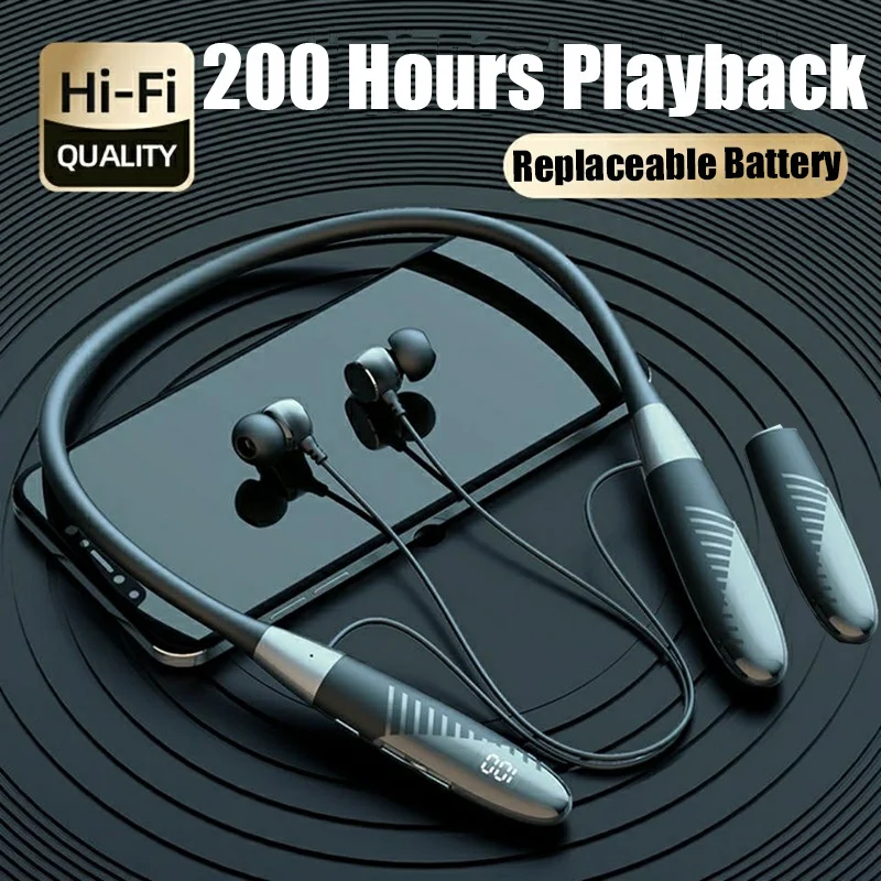 

200Hours Wireless Bluetooth Earphone HiFi Bass Headphones Magnetic Neckband Sport Headset Waterproof Earbuds Replaceable Battery