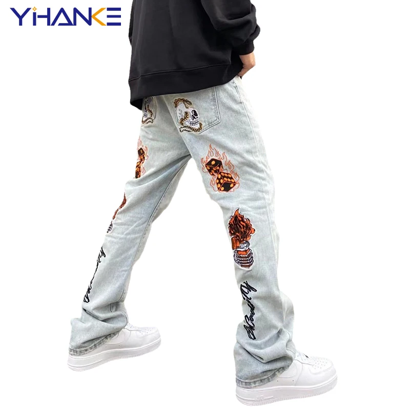 Fashionable Men's High Street Embroidery Jeans Brand Hip-hop Style Trendy Stretch Slim Fit Flared Slim Pants Street Men's джинсы