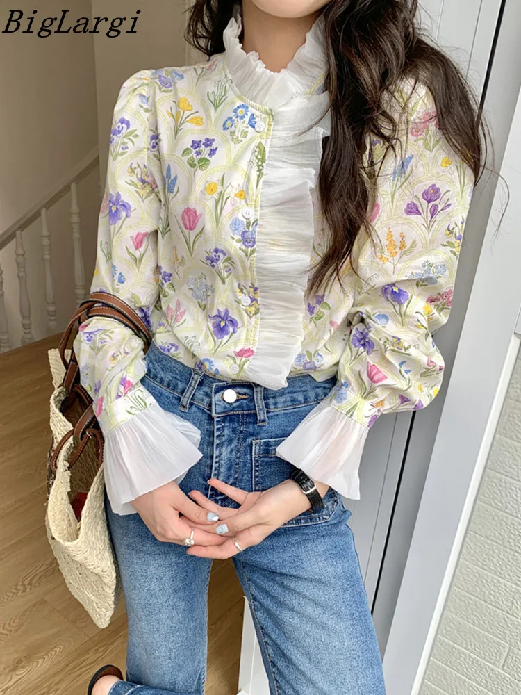 

Pleated Print Ruffle Chic Blouse Women Korean Casual New Office Floral Loose Ladies Blouses