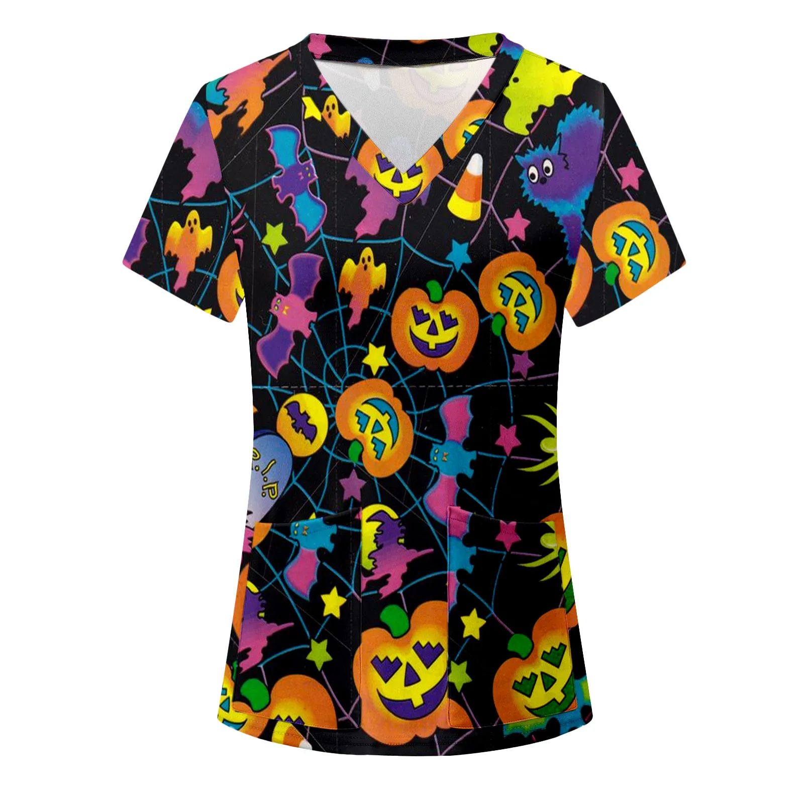 

Women's Casual Shirts Women Casual Halloween Print V Neck Pocket Short Sleeve Workwear T Shirt Top Girls Long Sleeve