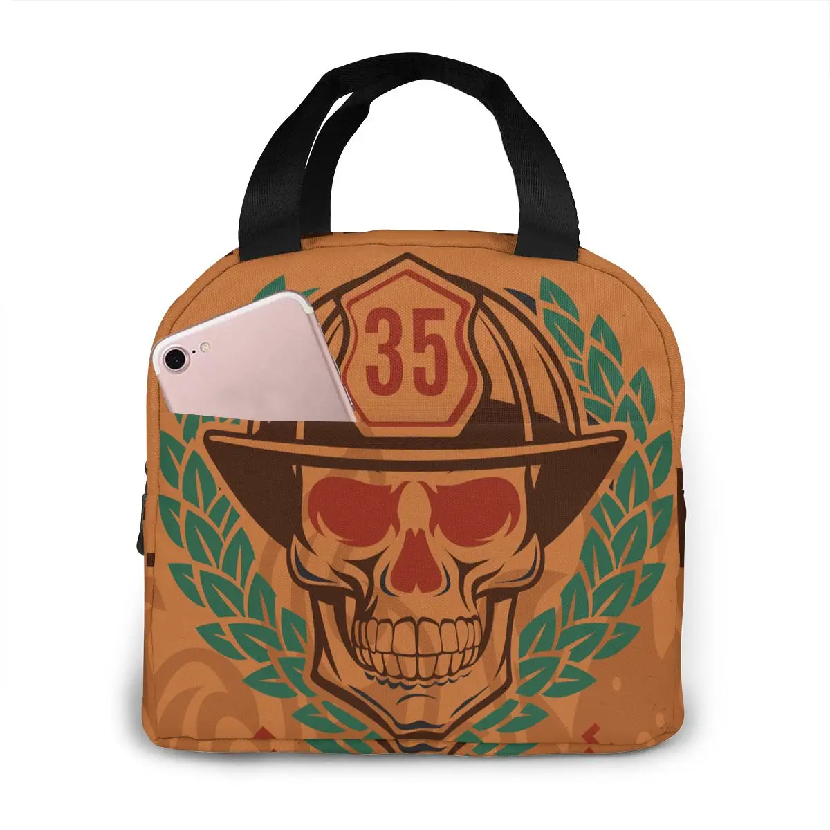 

Vintage Firefighting Skull Cooler Lunch Box Portable Insulated Lunch Bag Thermal Food Picnic Lunch Bags