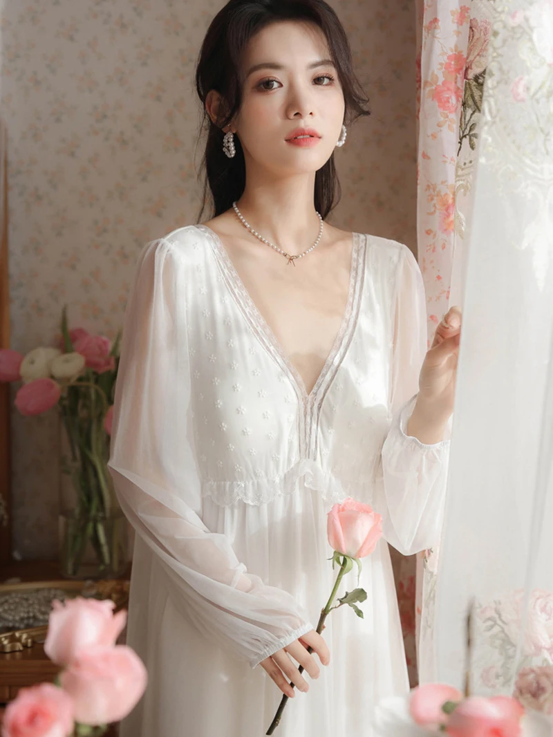 Women Vintage Night Dress V-Neck Mesh Fairy Long Sleeve Spring Nightgowns Victorian Princess Pajamas Home Sleepwear