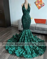 sexy green halter mermaid prom dresses 2022 for black girls designed sleeveles sequin top 3d flowers evening gowns