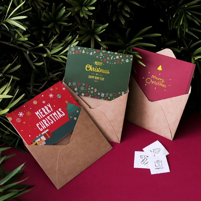 

New Merry Christmas Greeting Cards With Kraft Paper Envelope Sticker New Year Blessing Message Gift Festivals Card