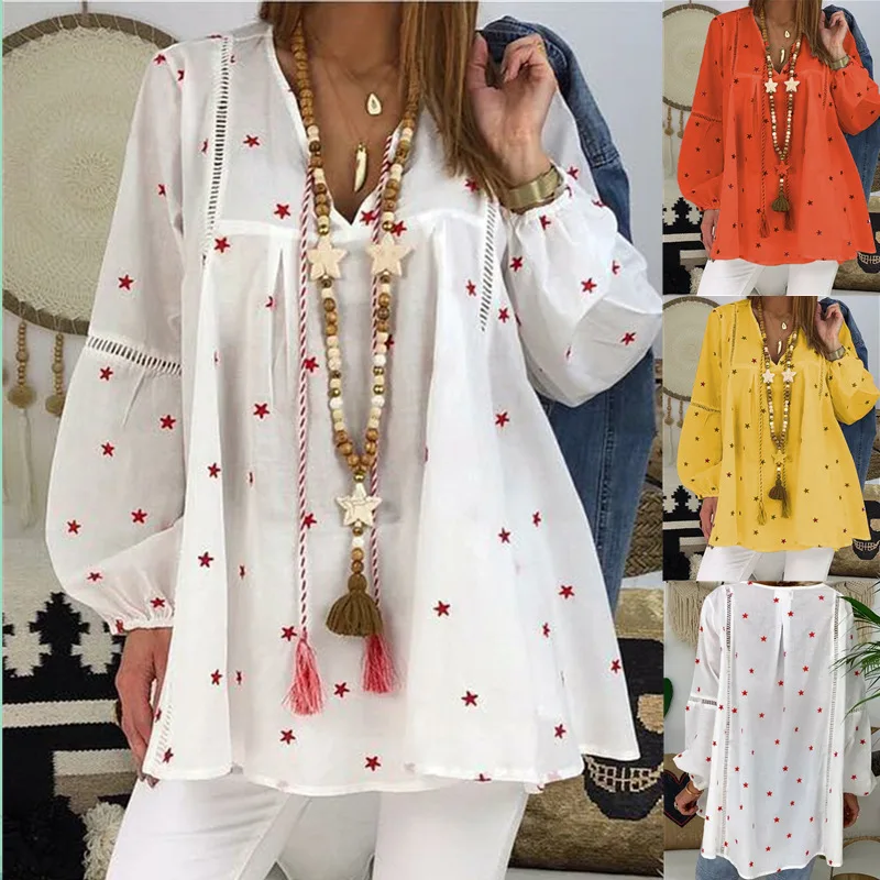 2022 Printed Splicing Hollow Out Loose Lace Long Sleeve Shirt T-Shirts For Women