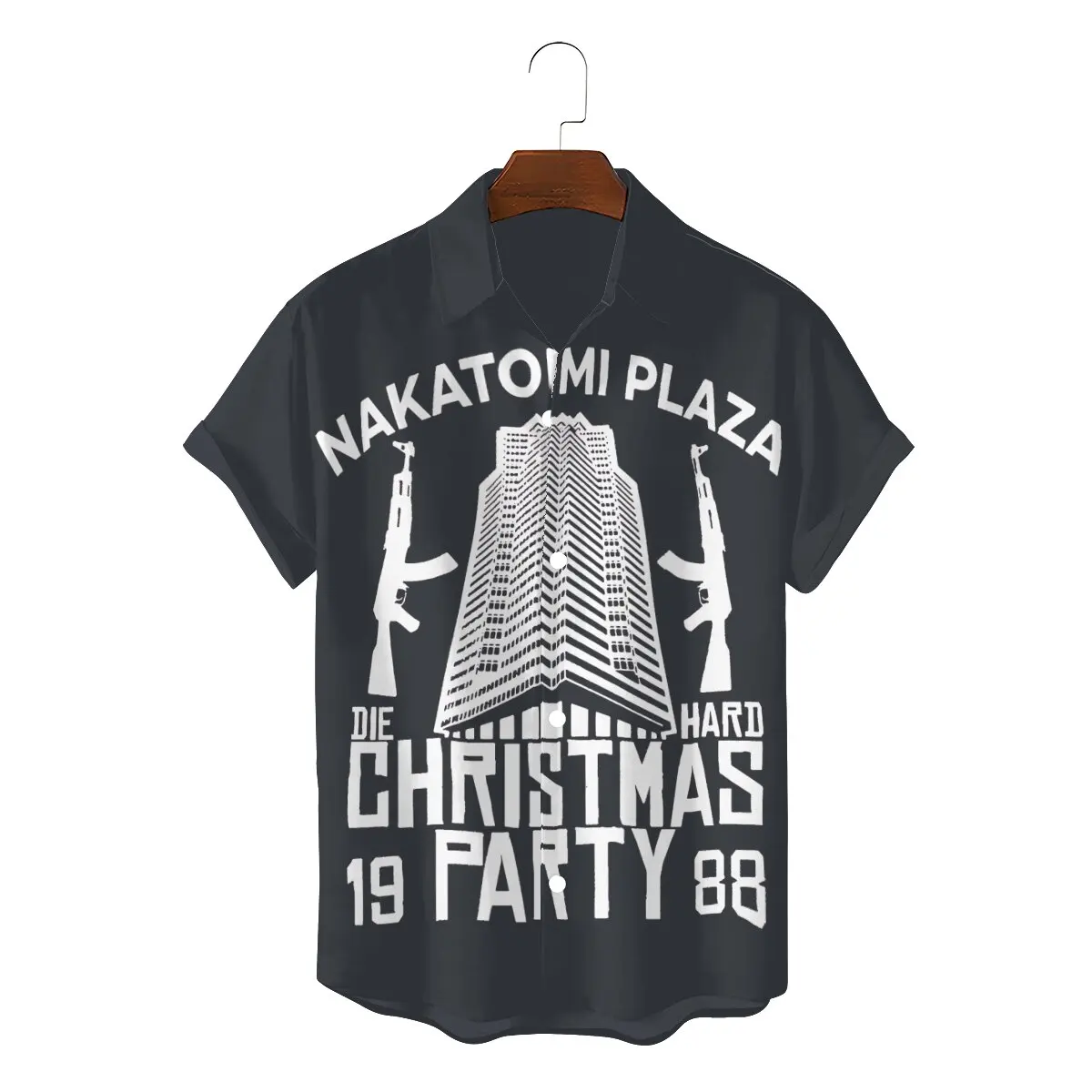 

Die Hard Movie Christmas Party 1988 Bruce Willis Newest Hawaii Shirt for Men Nakatomi Plaza Gun Square Collar 3D Shirt