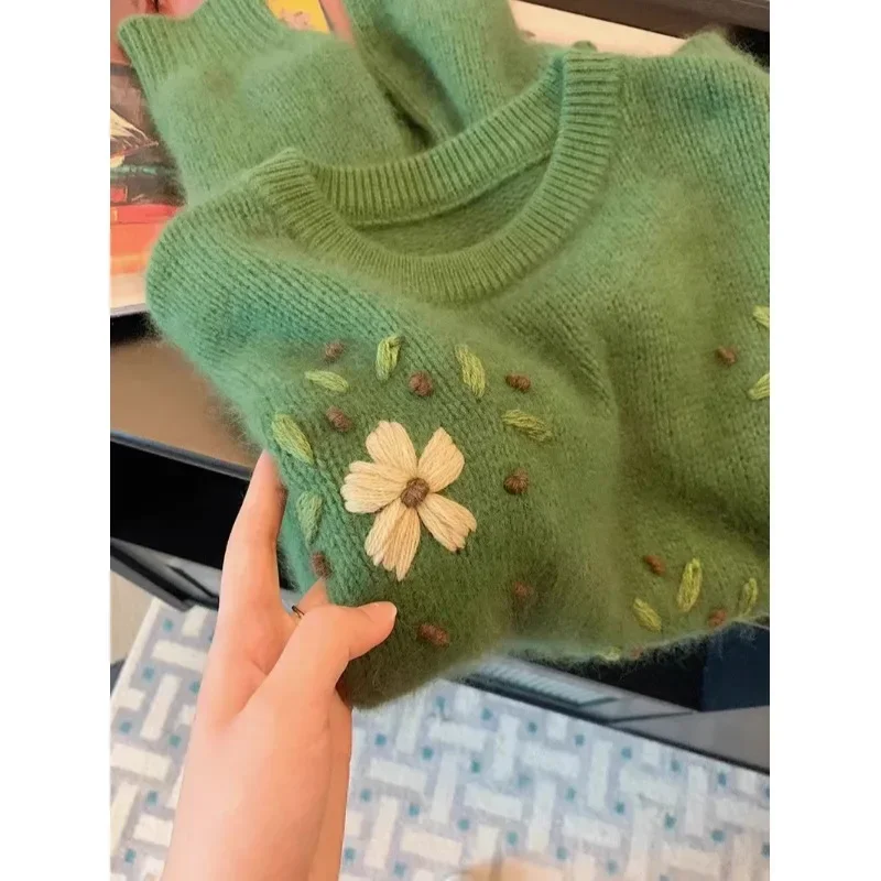 Kimotimo плюшевый свитер с зелеными цветами и вышивкой 2024 осень-зима женский новый