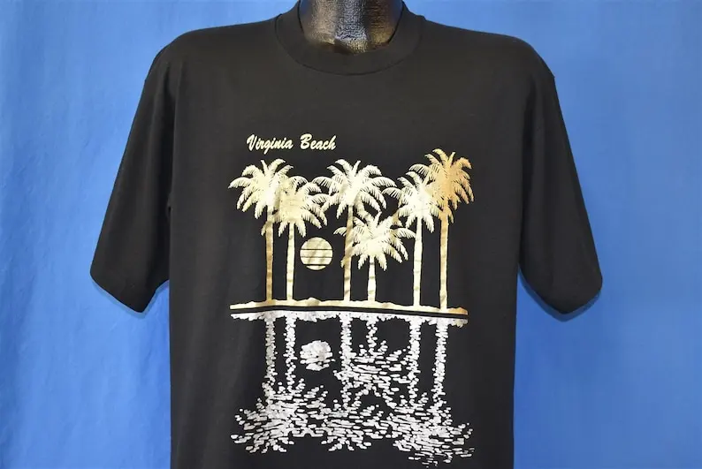 90s Virginia Beach Palm Tree Sunset Ocean Black t-shirt Extra Large