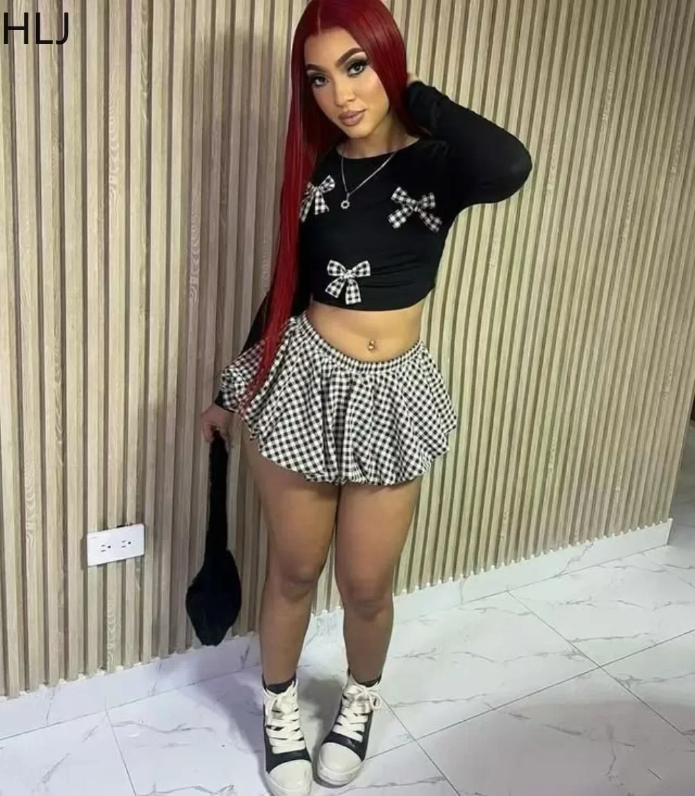HLJ Весенние новые милые клетчатые пышные мини-юбки с бантом комплекты из двух