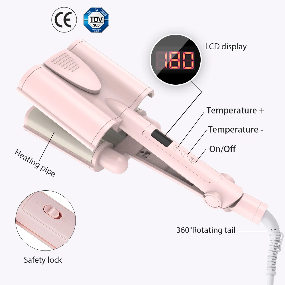 

Faers Hair Wand Curling Iron Three Barrel Ceramic Big Wave Hair Curler Machine LED Display Automatic Crimper Hair Styling Tools