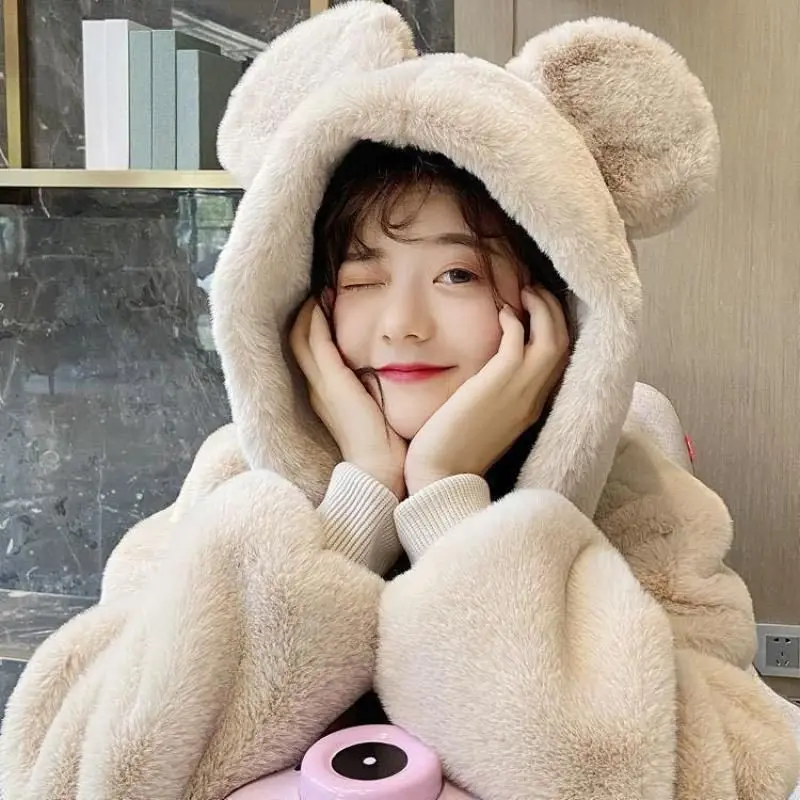 Japanese Kawaii Women's Coat Winter Teddy Bear Jackets Fashion Loose Plus Velvet Thick Hooded Furry Women Faux Fur Jacket Brown
